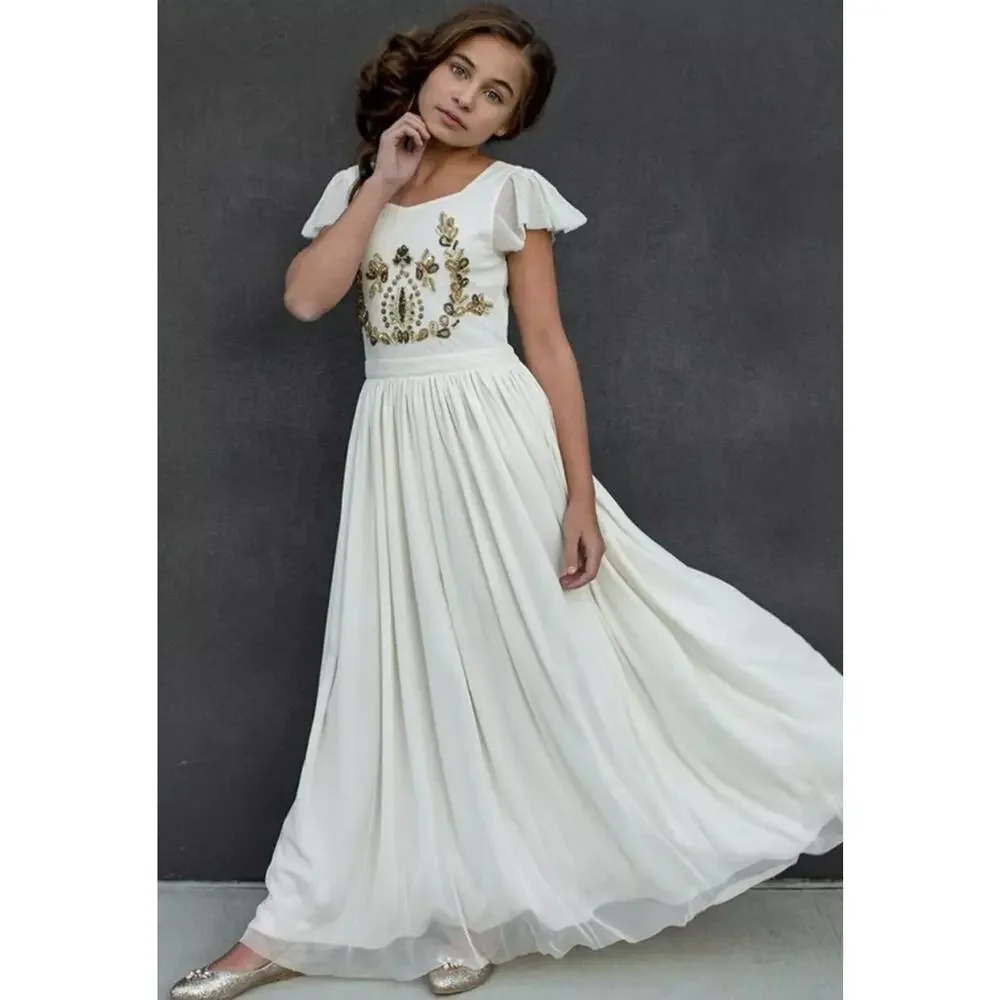 Mia Joy Girls Ivory Maxi Dress With Gold Embellished Bodice Flutter Sleeves & Fl - Picture 2 of 16